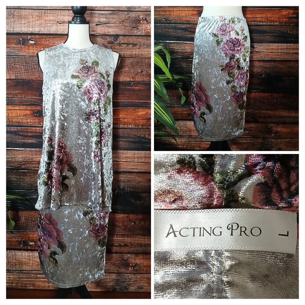 Acting Pro Vintage Skirt Set L 2 Piece Outfit Silver Crushed Velvet US Made